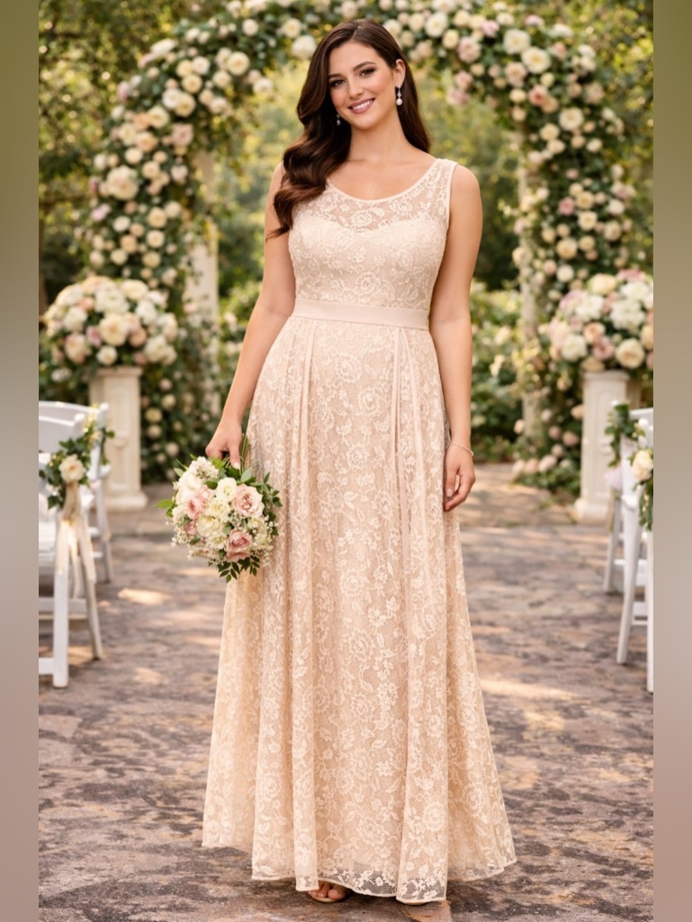 Ivory Lace Lined Maxi Dress with Sheer Yoke Plus 2X Womans